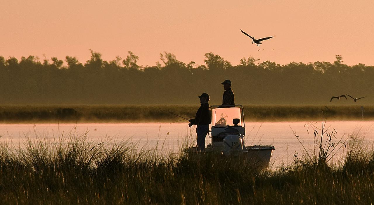 伴随着缓缓升起的太阳,在路易斯安那州的拉孔布 Big Branch Marsh National Wildlife Refuge 国家野生动物保护区钓鱼 伴随着缓缓升起的太阳,在路易斯安那州的拉孔布 Big Branch Marsh National Wildlife Refuge 国家野生动物保护区钓鱼