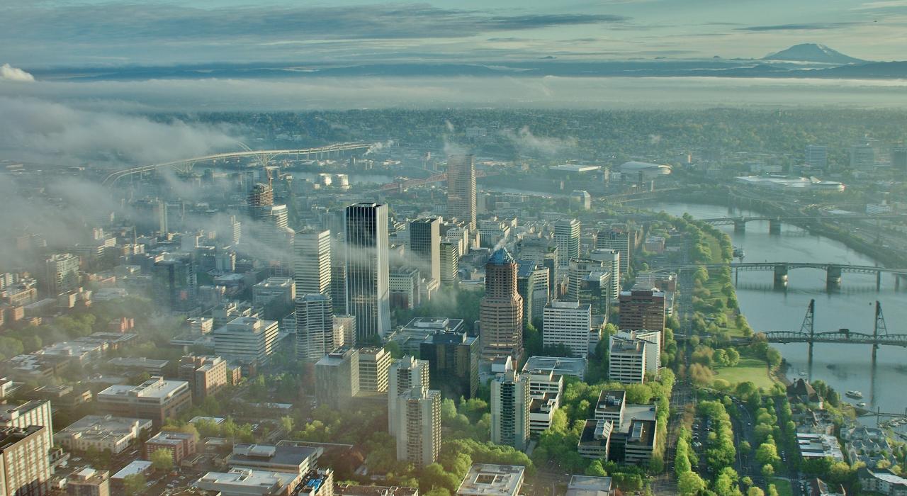 从空中鸟瞰俄勒冈州波特兰市中心 从空中鸟瞰俄勒冈州波特兰市中心