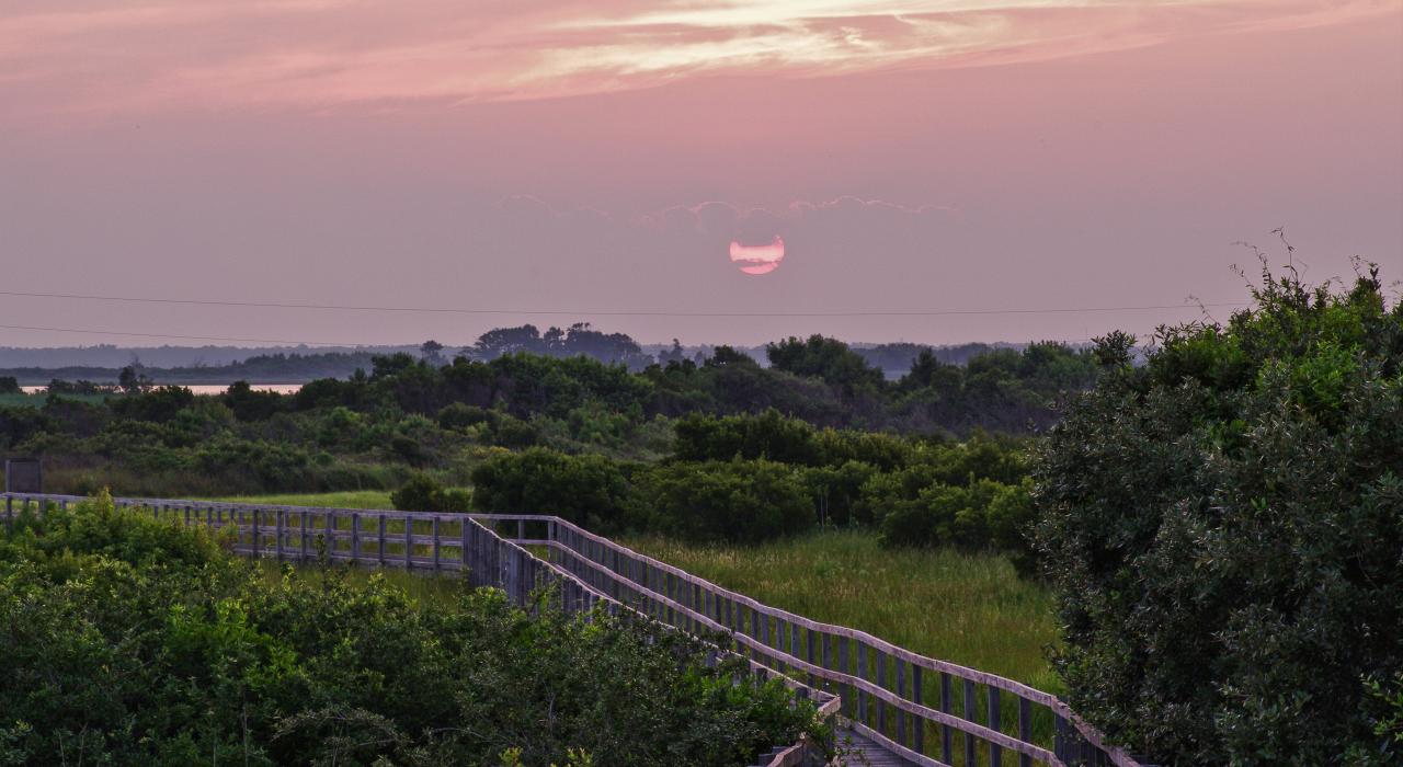 弗吉尼亚州弗吉尼亚海滩上后湾国家野生动物保护中心内的落日