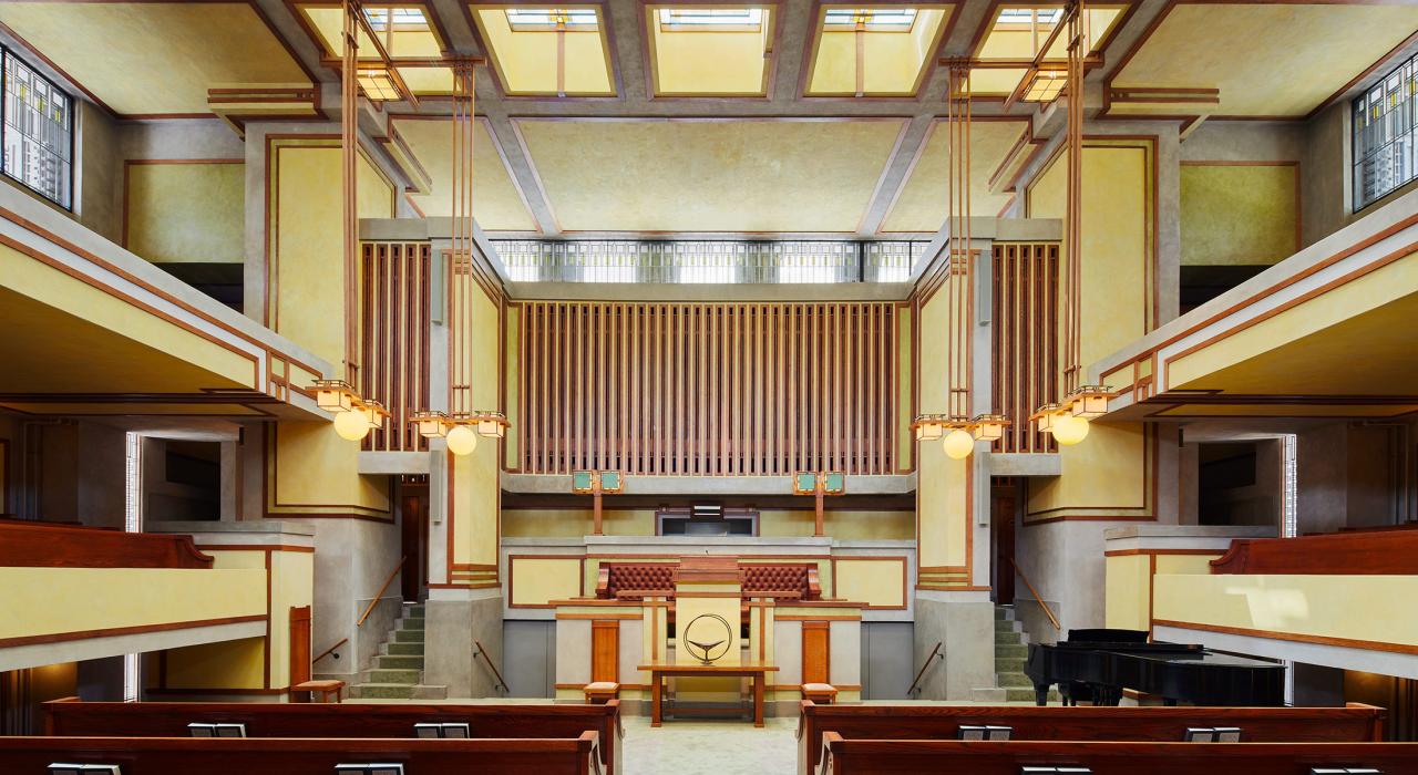 Interior view of the Frank Lloyd Wright-designed Unity Temple Interior view of the Frank Lloyd Wright-designed Unity Temple