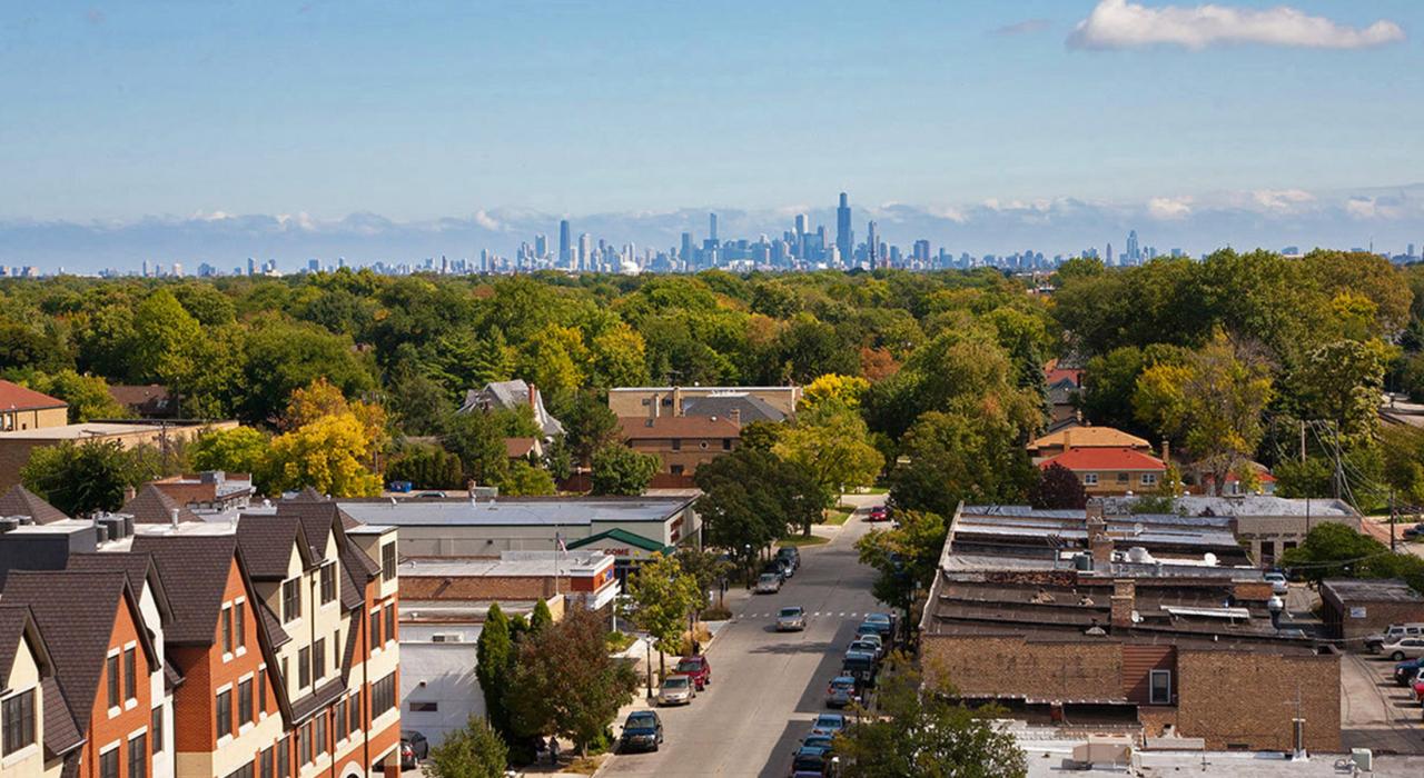 Overlooking the village of Riverside with Chicago's skyline in the distance Overlooking the village of Riverside with Chicago's skyline in the distance