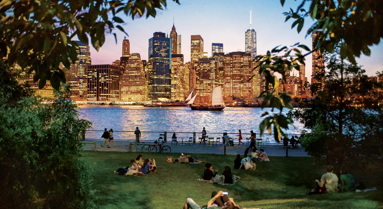 人们在布鲁克林大桥公园休息