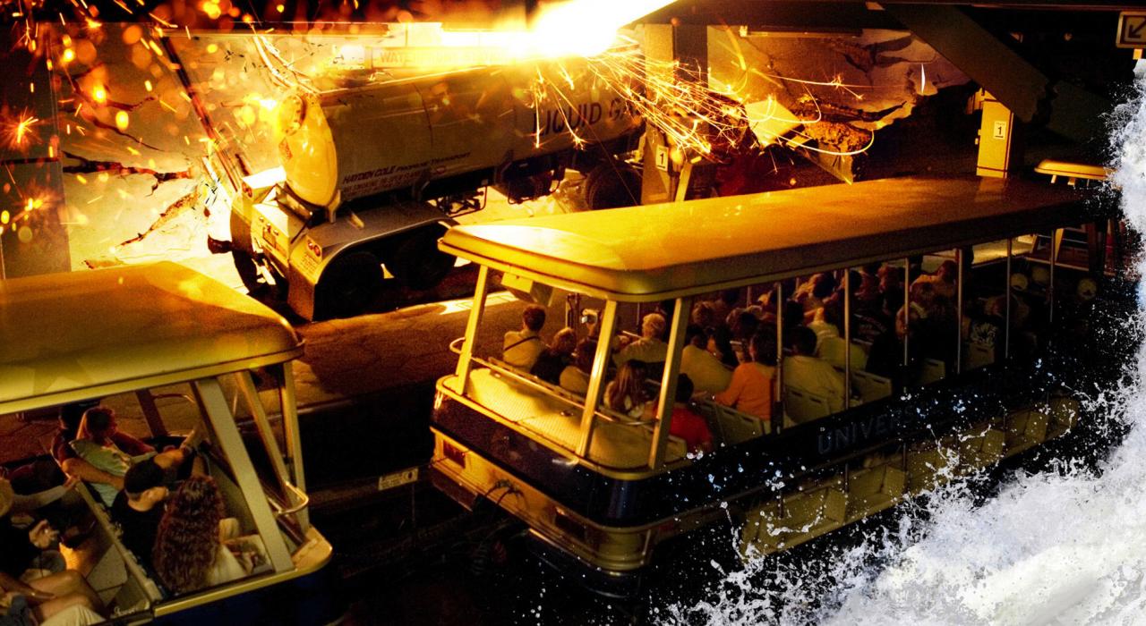 在加利福尼亚州好莱坞环球影城的有轨旅游电车上体验惊心动魄的特效