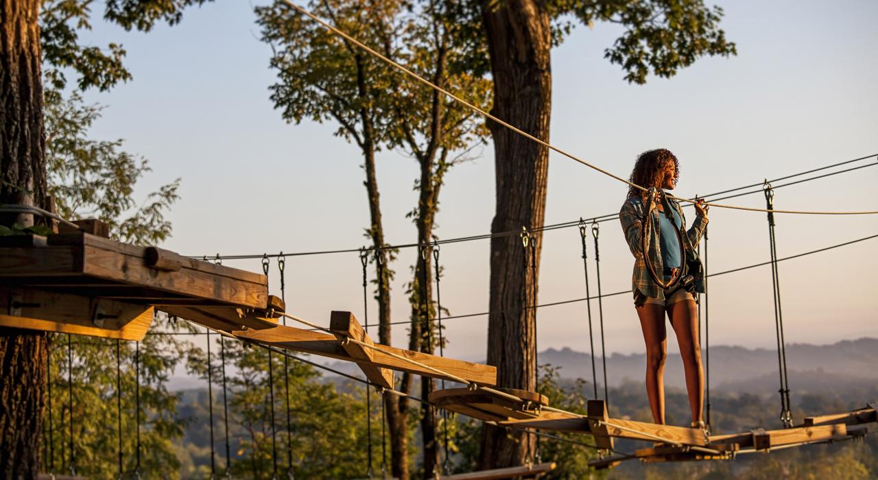 在树冠历险飞索途中驻足欣赏美景 在树冠历险飞索途中驻足欣赏美景