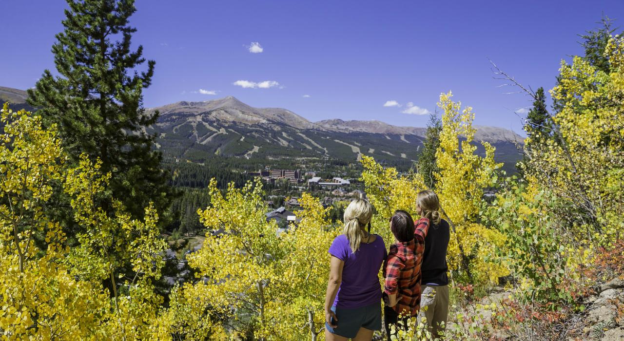 Admiring the view of the town during an autumn hike Admiring the view of the town during an autumn hike