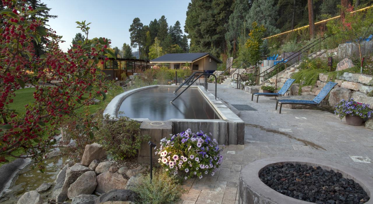 杜兰戈温泉度假村和水疗中心的小型游泳池周围抱拥缤纷多彩的园林景观