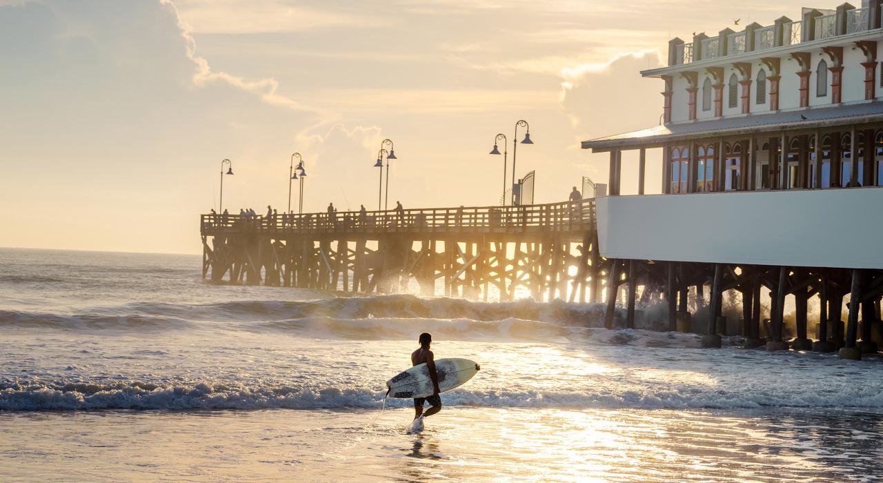 冲浪爱好者在代托纳比奇码头附近的水域中享受水上乐趣 冲浪爱好者在代托纳比奇码头附近的水域中享受水上乐趣