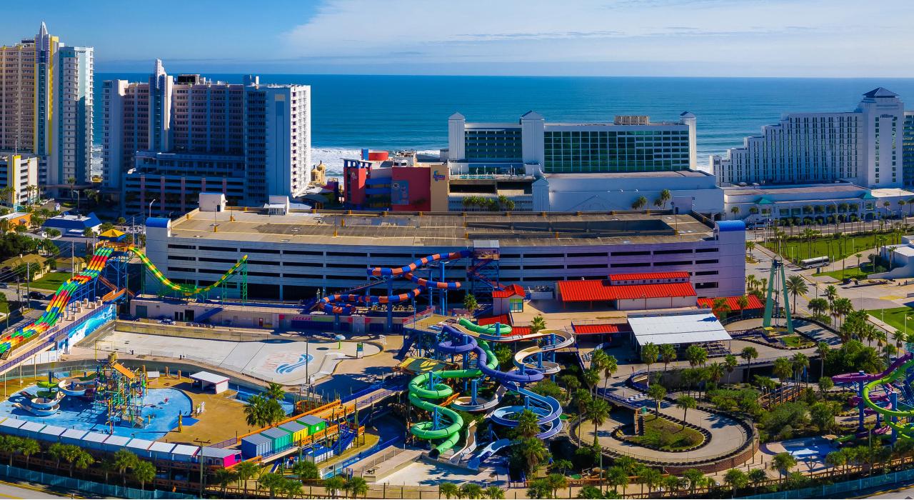 鸟瞰代托纳泻湖、水上乐园和家庭娱乐中心 鸟瞰代托纳泻湖、水上乐园和家庭娱乐中心