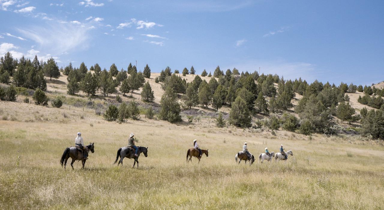 在俄勒冈州弗斯镇威尔逊农场度假村 (Wilson Ranches Retreat) 广阔的原野上骑马