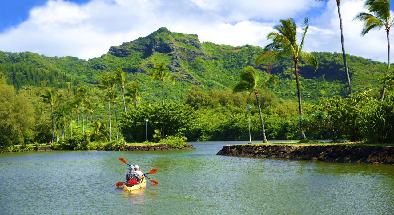 在威奴亚河 (Wailua River) 上划皮划艇 在威奴亚河 (Wailua River) 上划皮划艇