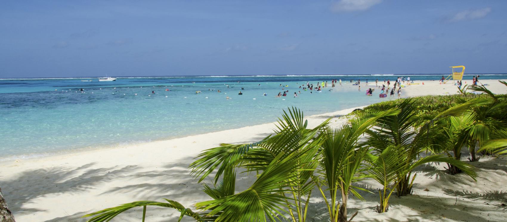 塞班岛军舰岛环绕着棕榈树的海滩