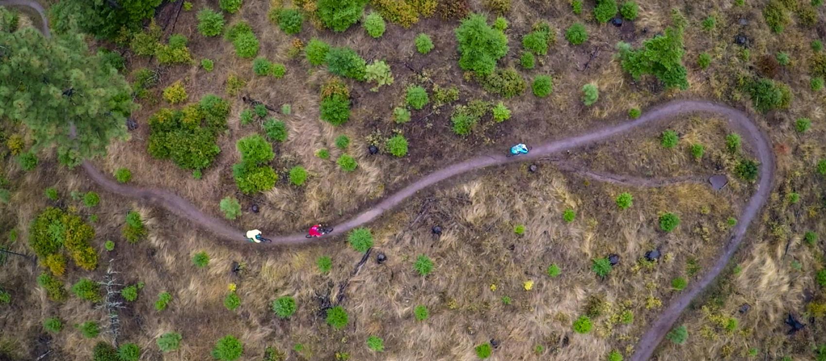 沿着达尔斯市附近的一条单车道小径骑山地自行车